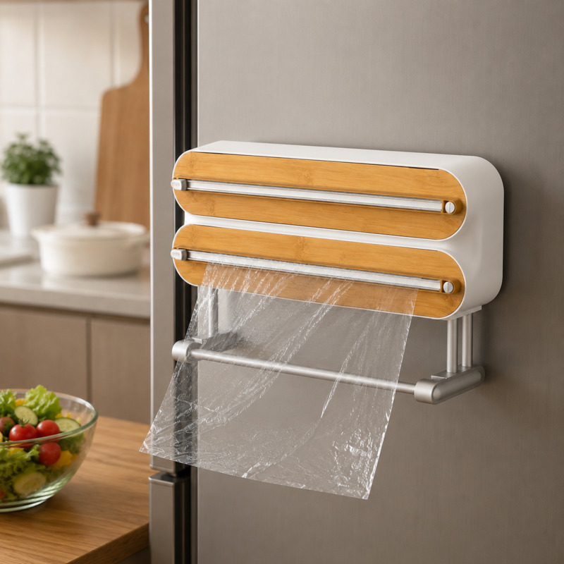 Food Storage Drawer Organizer - Magnetic Food Wrap Cutter Dispenser Cling